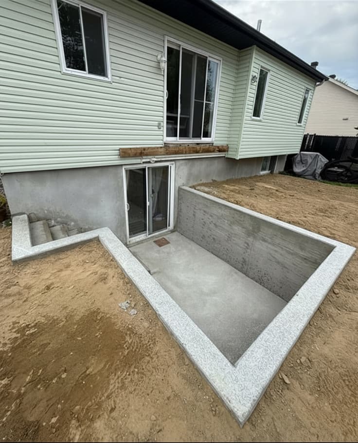 New concrete walkout basement entrance in a backyard